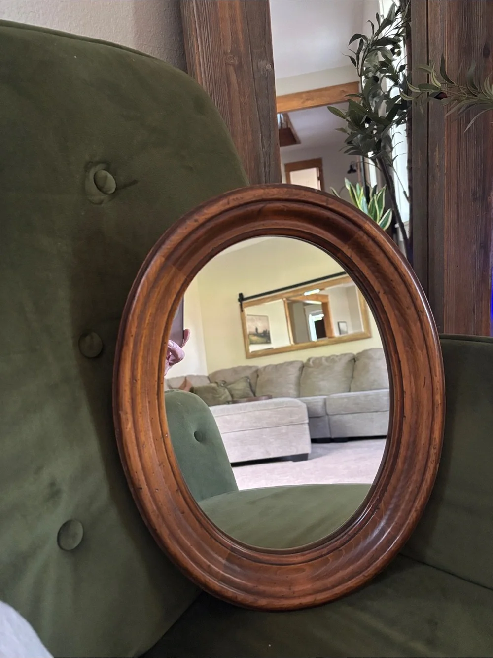 Vintage Oval Wall Mirror with Warm Brown Wood Frame 15-1/2” x 12”